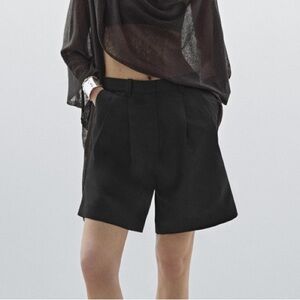 Massimo Dutti Black Linen Blend Pleated Bermuda Shorts